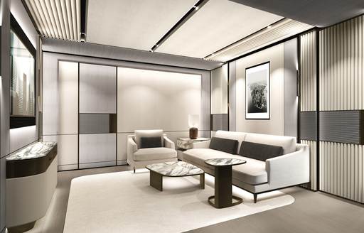 Superyacht charter O'CEANIS seating area rendering with white furniture