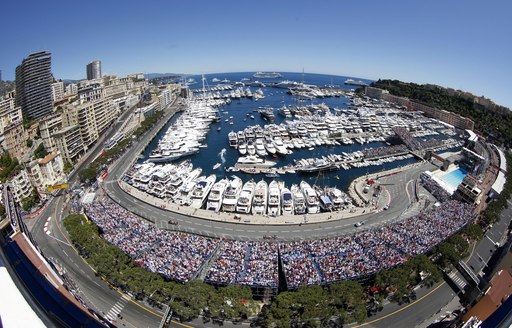 Overhead view of monaco grand prix track and monte carlo habour