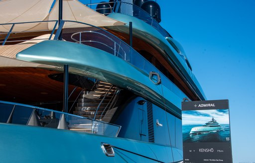 Aft view of charter yacht KENSHO moored at Monaco Yacht Show.