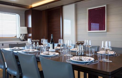 Interior dining area onboard charter yacht MOKA
