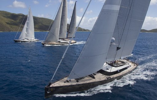 sailing yacht OHANA cuts through the water while competing in the Loro Piana Superyacht Regatta, Sardinia