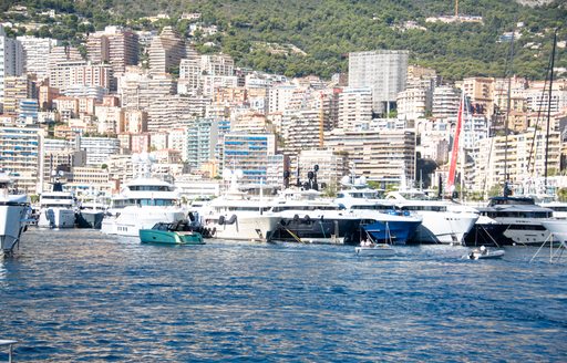 Superyachts berthed in Port Hercule during Monaco Yacht Show