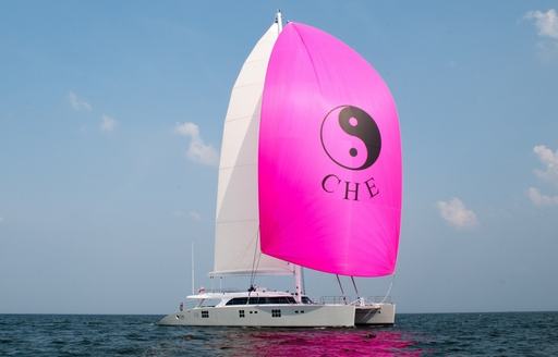 catamaran che's pink spinnaker with ying and yang symbol