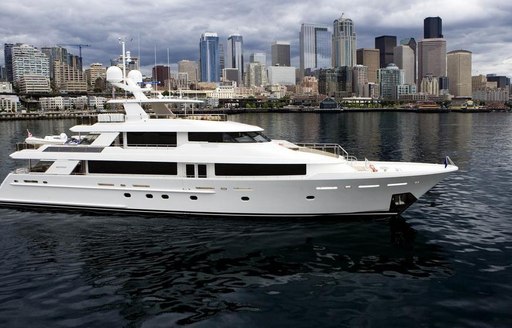 A motor yacht against a skyline