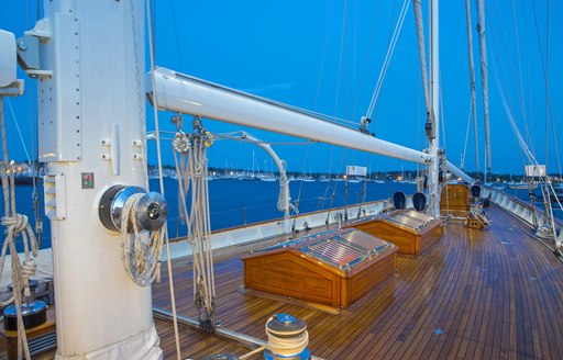 Foredeck on board superyacht Gloria as dusk sets