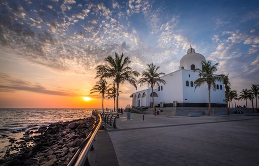 A white mosque on the sea front on the Jeddah Corniche in Saudi Arabia