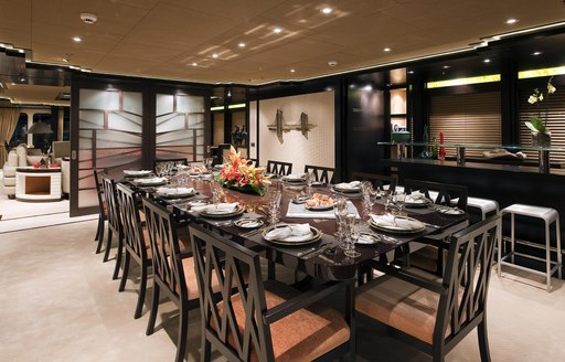 Interior dining table on yacht Trident