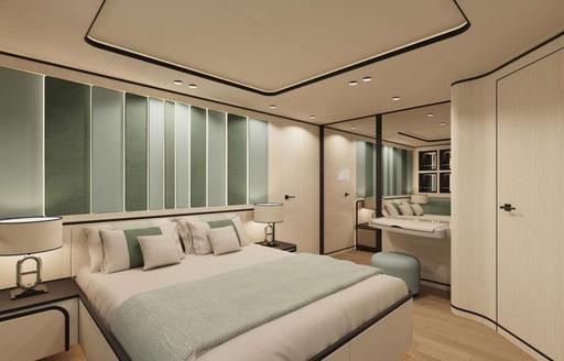 Double berth in guest cabin with mirrored wardrobe onboard charter yacht FELICITA