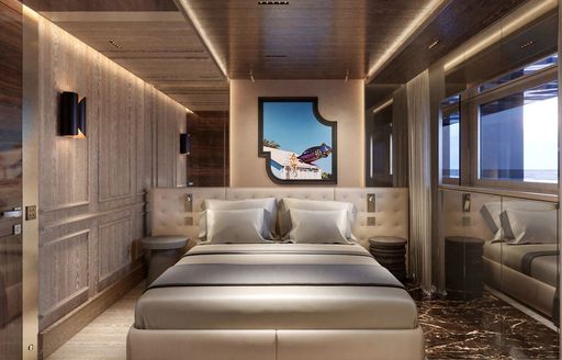 Guest cabin onboard superyacht charter RAJA with central double berth and a wide window to starboard