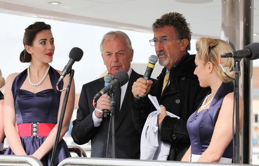 Eddie Jordan makes a speech at the lauch of his new Sunseeker yacht BLUSH