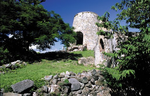 Ground view looking up at Annaberg Sugar Mill ruins in St John