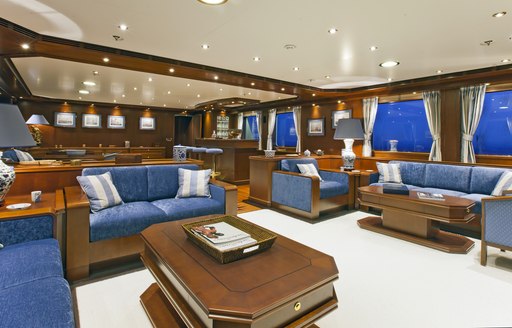 lounge area in main salon of expedition yacht Axantha II 