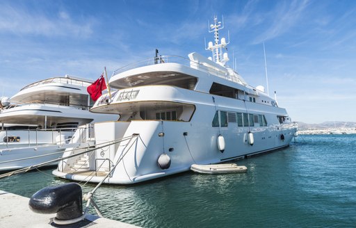 Motor yacht moored in a Spanish harbor