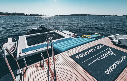 Ocean pool and other water toys set up on the vessel's aft deck