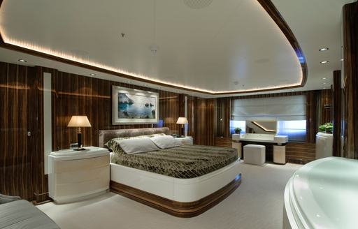 spacious master suite on board luxury yacht O’NEIRO