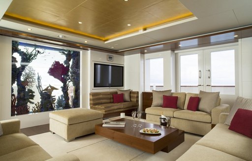 Main salon on board charter yacht GHOST III