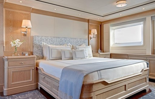 the master stateroom with neutral pallet and bright embellishments inside luxury motor yacht fabulous character 