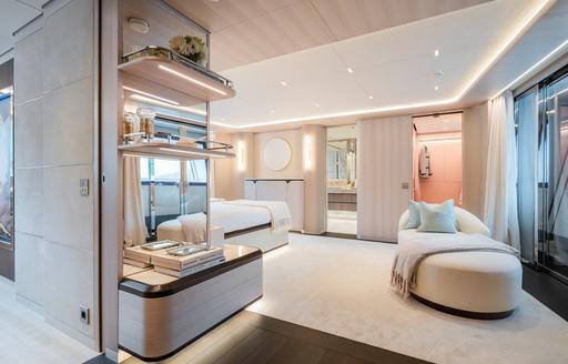 Chaise longue in the master cabin onboard charter yacht M