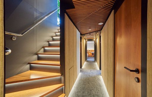 Corridor and stairs onboard yacht rental MARALLURE