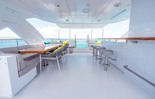 Charter yacht CYNDERELLA sun deck with shaded seating