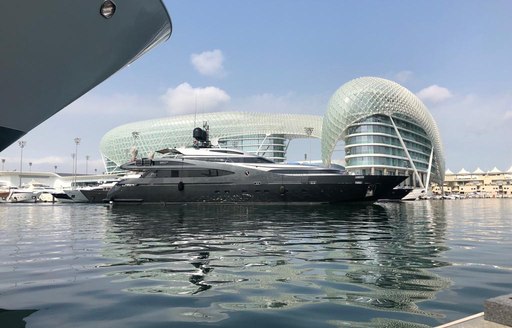 luxury yacht BABYLON arriving at yas Marina for Abud Dhabi Grand Prix 2019 where it will anchor trackside to watch the races