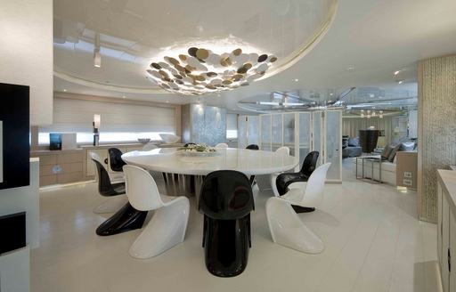 Interior dining area onboard charter yacht ELENI