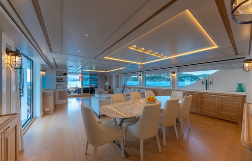 Indoor dining area on Motor yacht 'My Way'