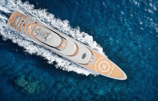 Charter yacht NIXIE aerial overhead profile at sea