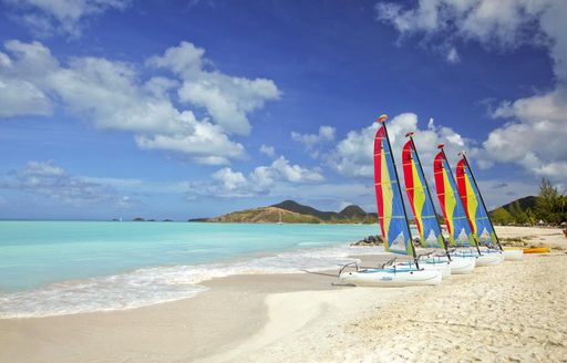 Four colorful windsurf boards lined up on a sandy beach