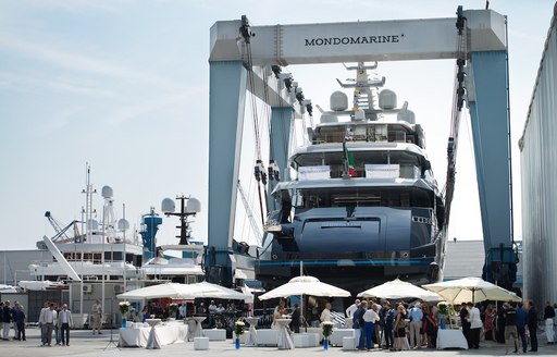 the launch ceremony of luxury yacht SARASTAR gets underway at Mondo Marine's headquarters in Savona