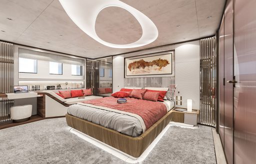 Guest cabin onboard superyacht charter ETERNAL SPARK with a central berth and coral color scheme