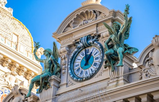 Close up of a clock on the exteriors of the Casino de Monte Carlo