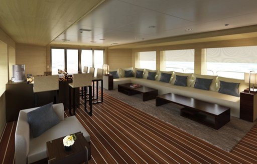 rendering of the upper salon with bar and lounge areas aboard charter yacht CHASSEUR 