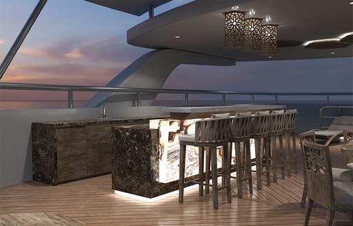 back-lit bar with stools on the sundeck of luxury yacht ELITE 