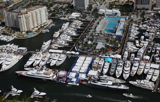 Aerial image of yachts lined up at FLIBS 2019