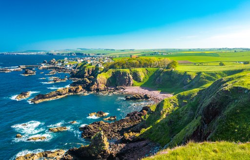 beautiful cliffs and blue water on Scotland coastline