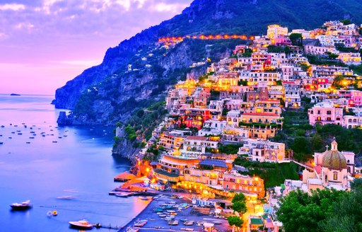 Positano at dusk on the Amalfi Coast in Italy