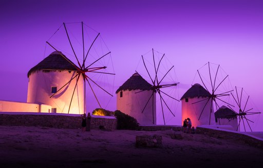 Windmills in Mykonos at sunset, Greece