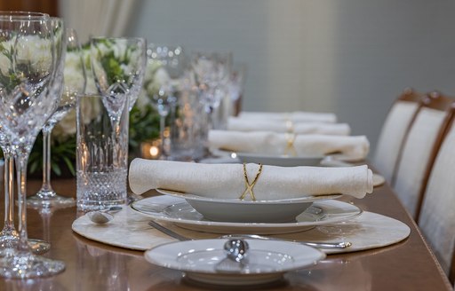 Formal dining on board charter yacht NAMASTE