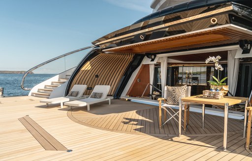 Overview of the swim platform with the beach club onboard superyacht charter KISMET 