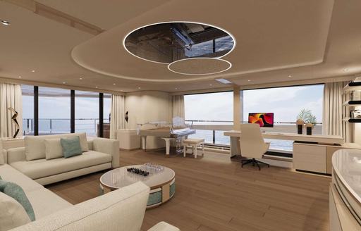 Interior seating area with large windows onboard charter yacht FELICITA