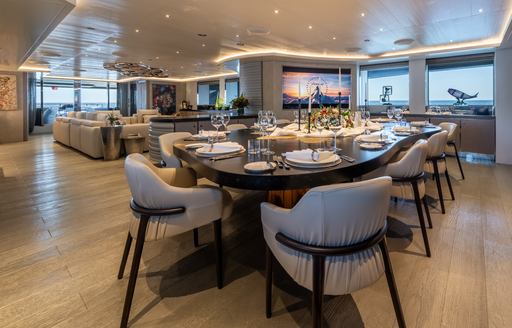 Charter yacht SALT main salon and forward dining table