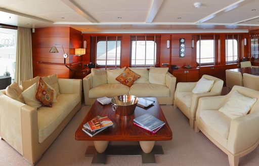 cream sofas and armchairs in main salon of expedition yacht BELUGA 