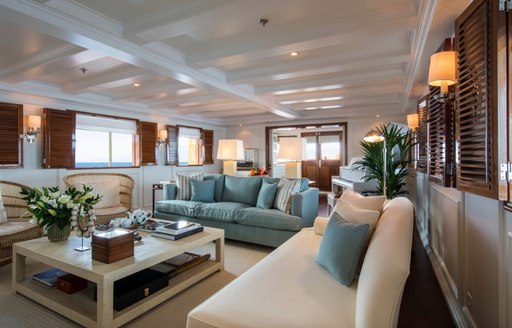 main salon with comfortable sofas on board superyacht Haida 1929