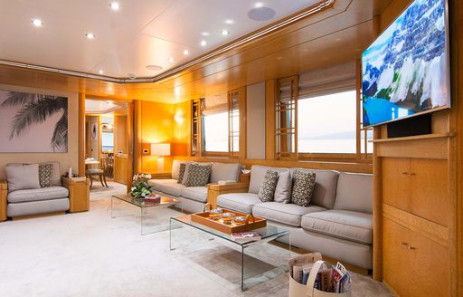 Overview of interiors and plush seating onboard charter yacht BELLA STELLA