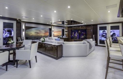 Rock n' Roll inspired styling in the skylounge of motor yacht ‘King Baby’ 