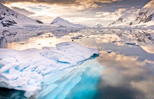 landscape in Antarctica, with glaciers in the water and mountains in background