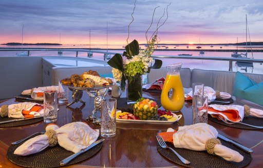 Al fresco dining on board M/Y RHINO in Tortola