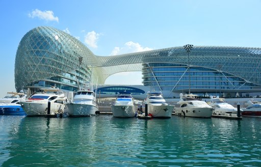 Superyachts lined up in Yas Marina