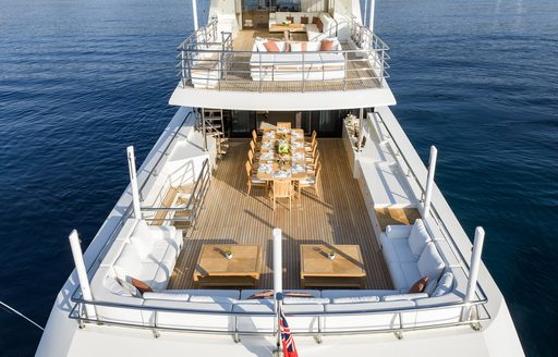 Charter yacht REBELS elevated view of exterior deck spaces